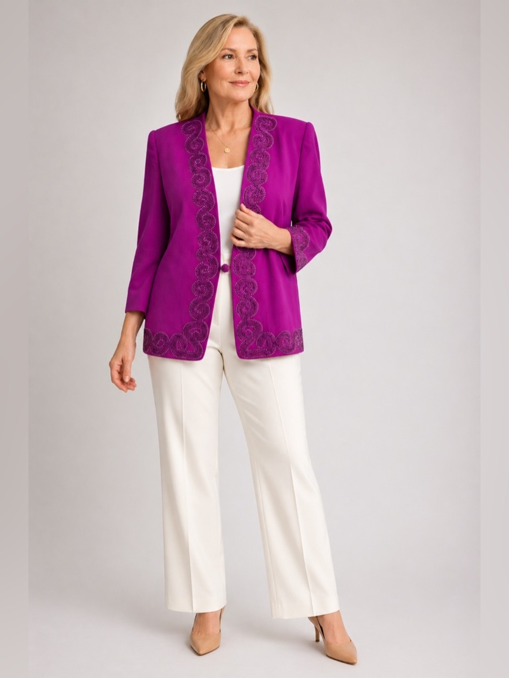 VTG John Meyer of Norwich Magenta Embroidered Blazer Jacket Size 16 Statement